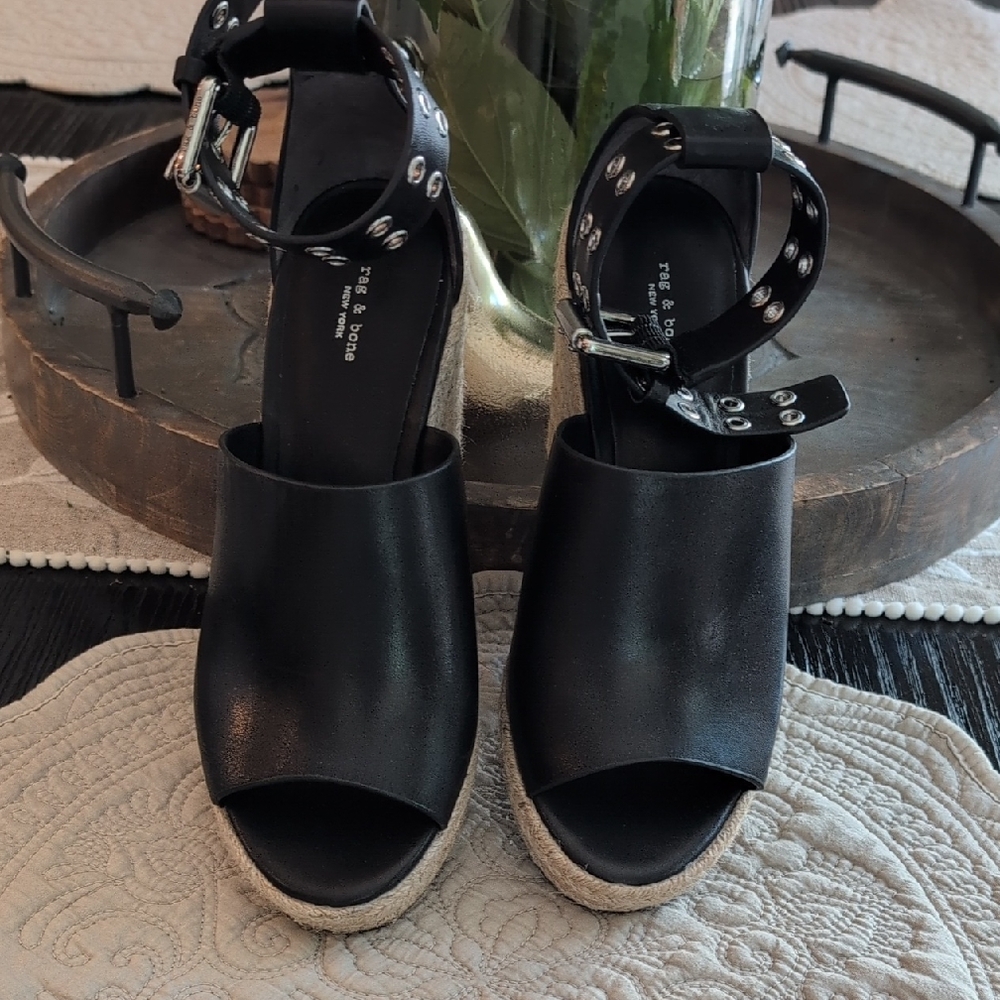Rag & Bone Black Leather Wedges with Silver Accents
